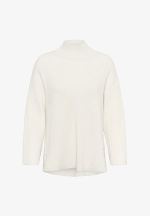 Valge ribaga kootud kampsun kõrge ümmarguse kaelusega ja pikkade varrukatega, millel on lahti ja veidi suurem lõige.