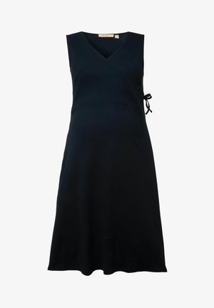 Dunkelblaues ärmelloses Umstandskleid mit einem überkreuzten V-Ausschnitt, Taillenzug und einem fließenden Rock, der bis zur Mitte der Wade reicht. Weicher Stoff.