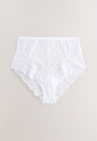 Baltos, aukšto liemens moteriškos kelnaitės su nėrinių dizainu, gėlių raštais, be siūlių kraštais ir sklandžios medvilnės mišinio medžiaga.