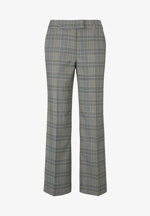 Pantalon à jambes larges avec un motif à carreaux mêlant des teintes de gris, bleu et jaune. Confectionné dans un tissu à la texture lisse et à la finition soignée.