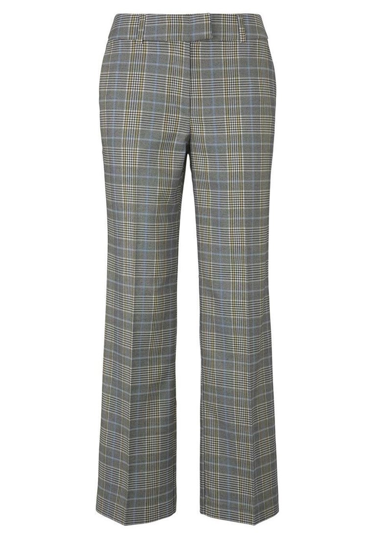 Pantalon à jambes larges avec un motif à carreaux mêlant des teintes de gris, bleu et jaune. Confectionné dans un tissu à la texture lisse et à la finition soignée.