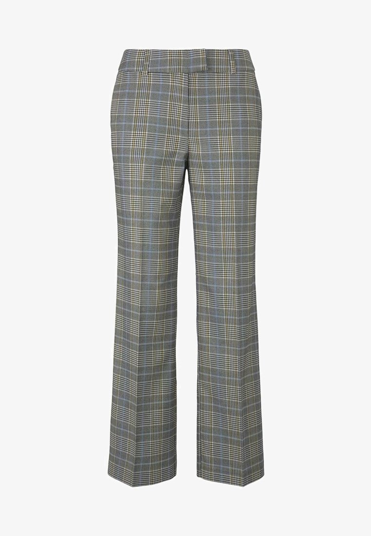 Pantalon à jambes larges avec un motif à carreaux mêlant des teintes de gris, bleu et jaune. Confectionné dans un tissu à la texture lisse et à la finition soignée.