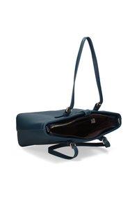 Borsa in pelle blu con forma strutturata, due manici a spalla, chiusura con cerniera e fodera interna marrone. Testura: liscia.