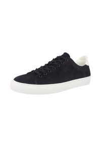 Navy suede sneaker with white rubber sole, rounded toe, black laces, and contrasting white heel tab. Smooth texture with minimal design.