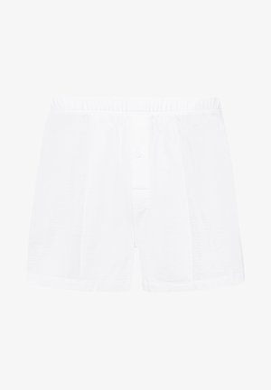 Witte katoenen boxershorts met een elastische tailleband, voorzien van een sluiting met knoop aan de voorkant en een zachte, gladde textuur.