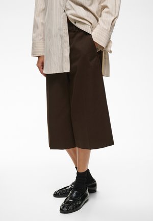 Person iført brune brede korte bukser, sorte sokker og sorte skinnende loafers med en beige stribet skjorte delvist stoppet ind.