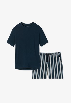 Navy blue short-sleeve crew neck shirt paired with navy and white vertical striped drawstring shorts.