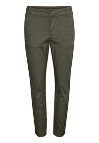 Khaki chinos s úzkým střihem vyrobené z kombinace bavlny. Obsahují přední kapsy, zip a poutka na opasek. Hladká textura a jednobarevný design.