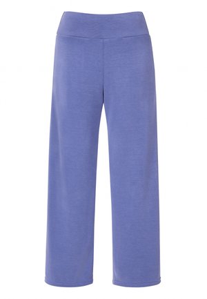 Pantaloni larghi viola con una texture morbida, caratterizzati da un alto life e senza motivi o accessori visibili. Ideali per l'abbigliamento casual.