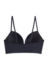 Bralette negro con tirantes ajustables, copas sin costuras y una textura suave. Presenta una banda ancha para soporte y un diseño minimalista.