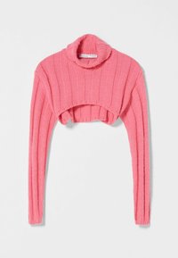 Rosa kortärmad tröja med hög krage, ribbad struktur och långa ärmar. Mjuk stickad material med en öppen midja. Varumärkesetikett synlig.