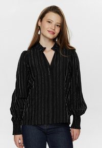 Black blouse with vertical silver stripes, high collar, and puff sleeves. Features gathered cuffs and a front opening. Textured fabric.