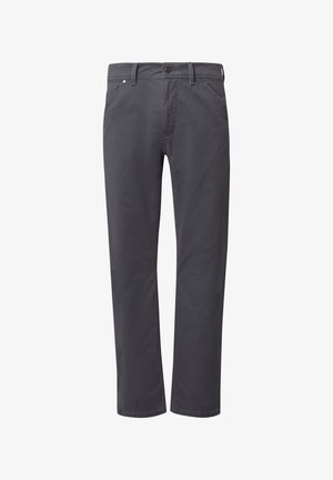 Ciemnoszare bawełniane spodnie z prostymi nogawkami, z zapięciem na guzik i zamek błyskawiczny, przednimi kieszeniami i subtelnymi detalami przeszyć.