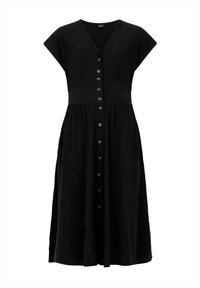 Robe noire midi avec manches courtes, boutons à l'avant, tissu texturé, taille cintrée et jupe évasée. Les boutons sombres contrastent avec le tissu.