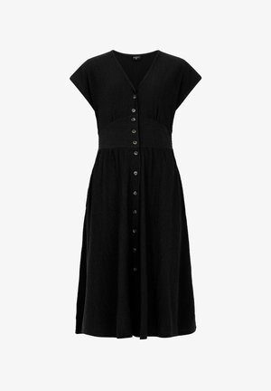 Zwart midi-jurkje met kapmouwen, knopenlijst aan de voorkant, textuurstof, een getailleerde taille en een uitlopende rok. Donkere knopen contrasteren met de stof.