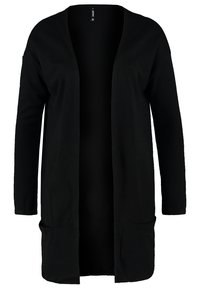 Svart kofta med långa ärmar, öppen front och utan knappar. Mjuk tyg med en slät textur, med två framfickor vid höfterna.