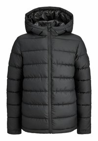 Černá péřová bunda s kapucí, se zipem vpředu, prošívaným designem a elastickými manžetami. Vyrobena z hladkého, voděodolného materiálu.