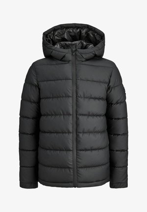 Czarna kurtka puchowa z kapturem, z zamkiem z przodu, pikowany design i elastyczne mankiety. Wykonana z gładkiego, wodoodpornego materiału.