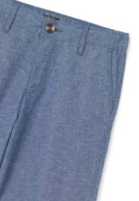 Lichtblauwe, gestructureerde stoffen broek met een knoopsluiting aan de voorkant, riemlussen en zijzakken. Casual snit van zacht materiaal.