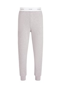 Lichtgrijze katoenen joggers met een elastische tailleband en geribde manchetten. Voorzien van een witte merkband op de taille, met een soepele textuur overal.