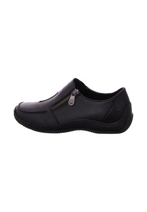 Black leather slip-on shoe featuring a zippered accent, rounded toe, textured sides, and a flexible rubber sole. Designed for comfort and ease.