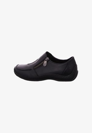 Black leather slip-on shoe featuring a zippered accent, rounded toe, textured sides, and a flexible rubber sole. Designed for comfort and ease.