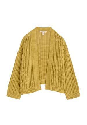 Mosterdgele gebreide cardigan met ribbeltextuur, open voorkant en brede mouwen. Heeft een losse pasvorm en een verticale streepjespatroon.