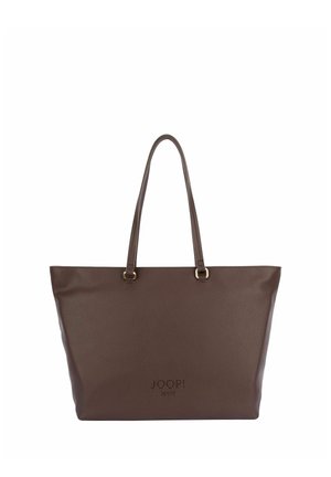 Borsa tote in pelle marrone scuro con due manici lunghi e logo "JOOP! JEANS" in rilievo al centro davanti.