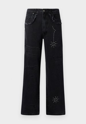 Mustad denim püksid mugava lõikega, millel on kulumisjäljed ja rhinestone kaunistused lillemustriga ees.