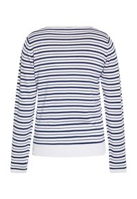 Sweter z długim rękawem w poziome granatowe i białe paski, z okrągłym dekoltem, ściągaczami przy rękawach oraz dopasowanym krojem. Miękki, lekki materiał dziany.