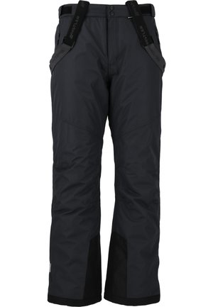 Zwarte geïsoleerde broek met verstelbare banden, knoopsluiting, zijzakken, versterkte zwarte onderbenen en een gladde, duurzame stofstructuur.
