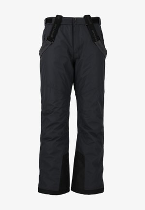 Schwarze isolierte Hosen mit verstellbaren Trägern, Knopfverschluss, seitlichen Taschen, verstärkten schwarzen Unterschenkeln und einer glatten, strapazierfähigen Stofftextur.