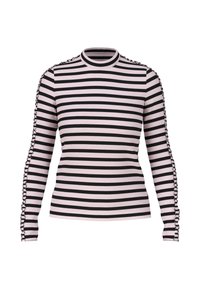 Schwarz-lichtrosa gestreiftes Langarmshirt mit runder Ausschnitt und dekorativen Nähten an den Ärmeln.