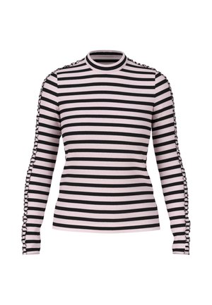 Long-sleeve black and light pink striped shirt with a round neckline and decorative stitching along the sleeves.
