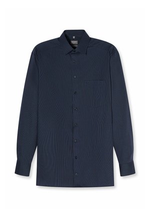 Dunkelblaues Hemd mit langen Ärmeln, feinem Strukturmuster, durchgehender Knopfleiste, einer Brusttasche und klassischem Kragen.