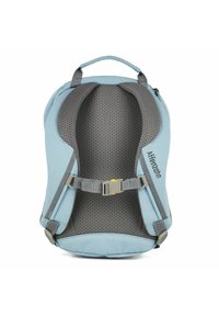 Blue backpack with gray mesh padding, adjustable straps, and a gray buckle. Features a top handle and logo along the side.