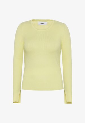 Ribota ilgi piedurkņu džemperis gaiši dzeltenā krāsā ar apaļu kakla izgriezumu un sānu šķēlumiem apakšējā malā. Izgatavots no elastīga, strukturēta auduma.