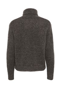 Grau gestrickter Pullover mit hohem Kragen, aus strukturiertem Stoff und gerippten Bündchen. Das Design ist kastig mit einem verkürzten Saum.