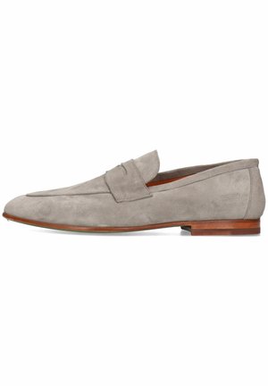 Graue Wildleder-Slipper mit runder Zehe und genähtem Überzug. Braune Holzsohle mit dezenter Markenkennzeichnung an der Seite. Glatte Textur.