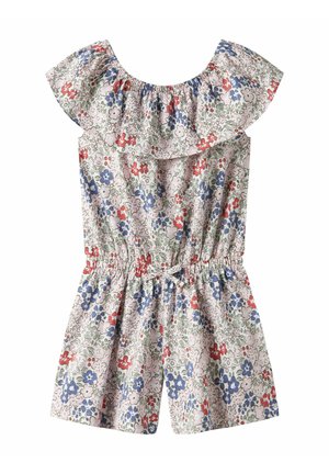 Combinaison florale avec col volanté, présentant un fond pastel avec des fleurs rouges, bleues et vertes. Ceinture élastique et jambes courtes.