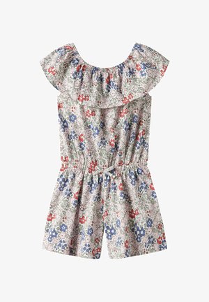 Květinový overal s volánkovým výstřihem, na pastelovém pozadí s červenými, modrými a zelenými květinami. Elastický pás a krátké nohavice.