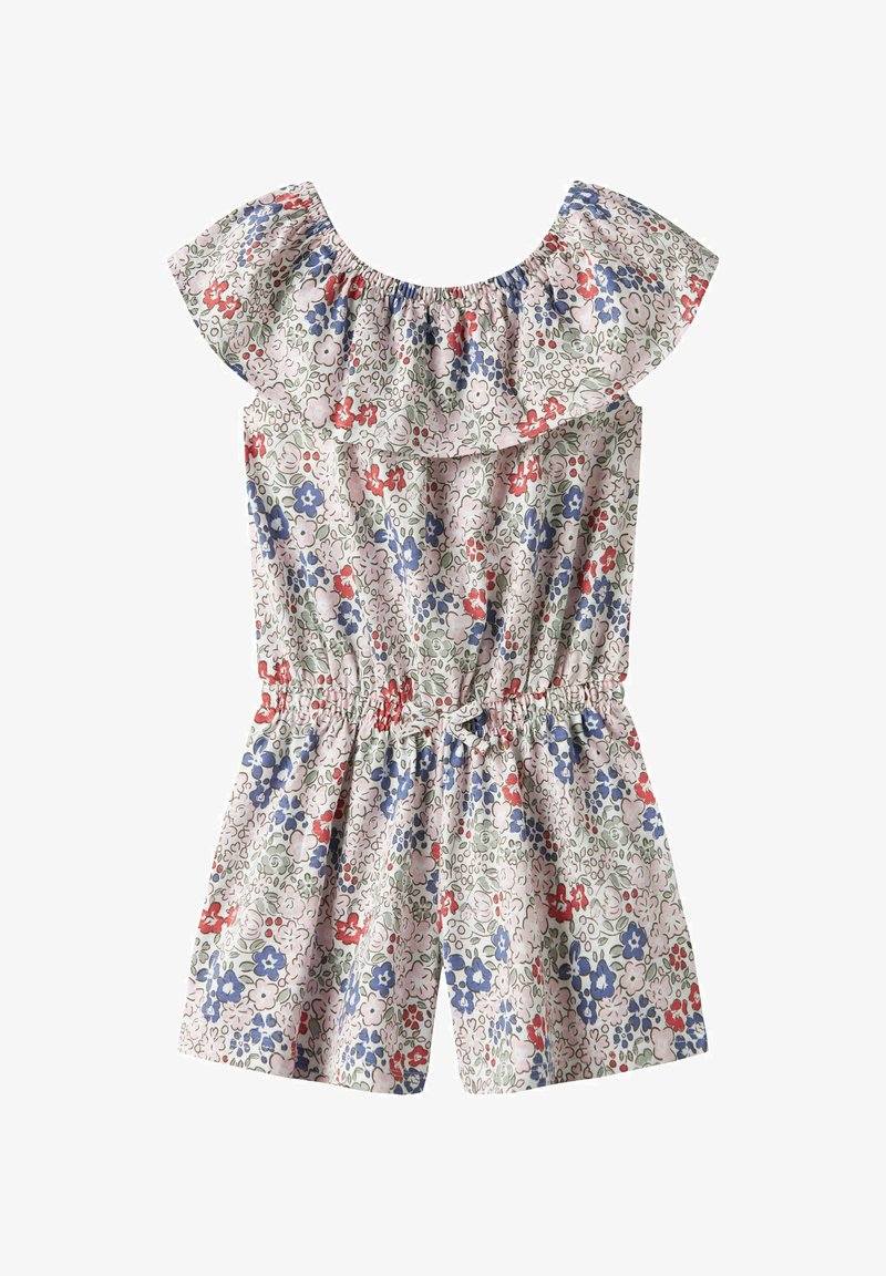 Blomstrete jumpsuit med volangkrage, med en pastellbakgrunn med røde, blå og grønne blomster. Elastisk midje og korte ben.