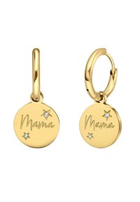 Boucles d'oreilles en or en forme de créoles avec des charms circulaires gravés "Mama" et accentués par deux petites étoiles ornées de pierres précieuses transparentes.
