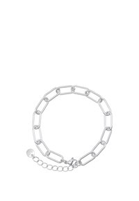 Pulsera de cadena de metal plateado con eslabones alargados, un cierre y una extensión de cadena ajustable para variar el tamaño.