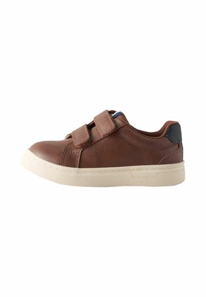 Brown leather sneaker with two Velcro straps, white sole, and black heel tab, shown in side profile on white background.