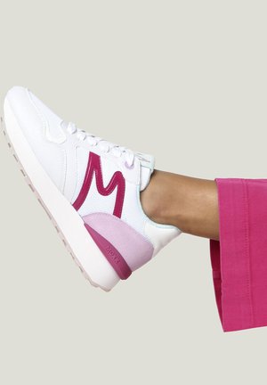 White sneaker with a textured upper, featuring a prominent magenta logo and pink heel accent. Lightweight sole with a slight platform.