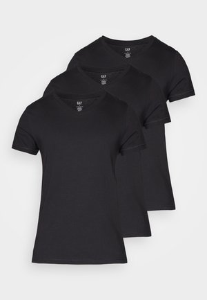 Drei schwarze Baumwoll-V-Ausschnitt-T-Shirts übereinander gestapelt. Jedes Shirt hat kurze Ärmel und eine glatte Textur mit minimalen Nähdetails.