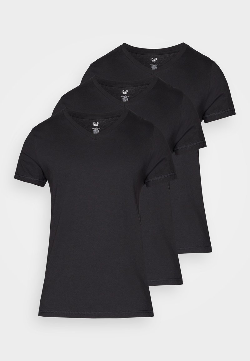 Drei schwarze Baumwoll-V-Ausschnitt-T-Shirts übereinander gestapelt. Jedes Shirt hat kurze Ärmel und eine glatte Textur mit minimalen Nähdetails.