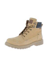 Stivaletto in pelle beige con colletto in tessuto blu navy, dotato di occhielli metallici, cuciture a contrasto e suola in gomma. Logo sul lato.