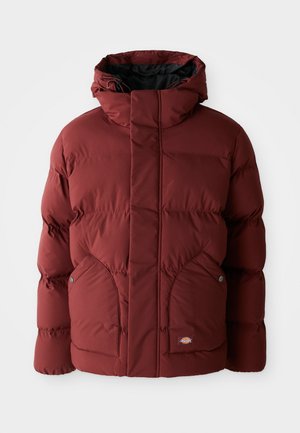 Maroon padded winter jacket with hood, front pockets secured by buttons, and zipped front closure, branded with a small logo patch.